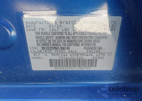 2015 Nissan Versa Note S (Sr)/S Plus/Sl/Sr/Sv z USA, uszkodzony, nr VIN 3N1CE2CP6FL356745